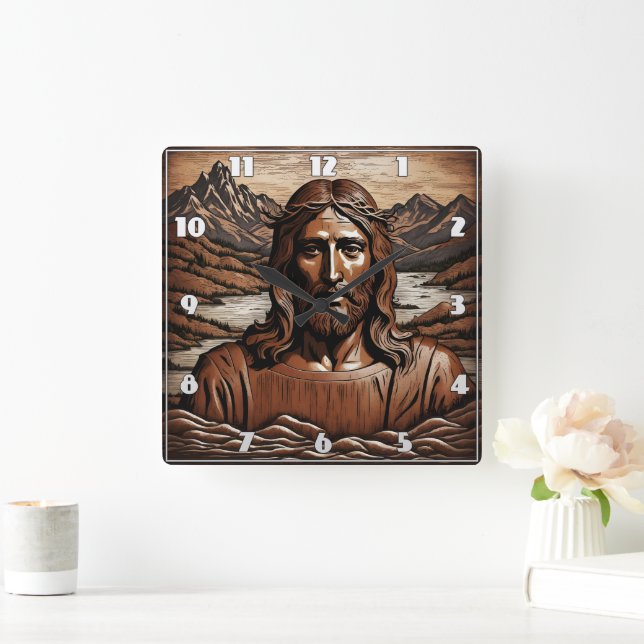 Jesus AmidMountains und Flusslandschaft Quadratische Wanduhr (Zuhause)