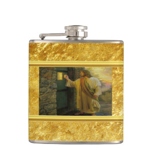 Jesus an Ihrer Tür mit einem Goldfolienentwurf Flachmann