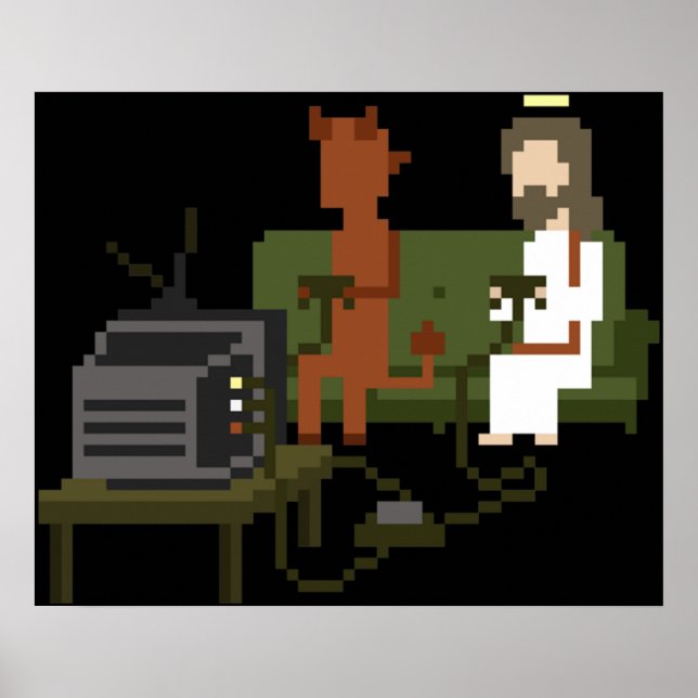 Jesus and Devil spielen Videospiele Pixel Art Poster (Vorne)