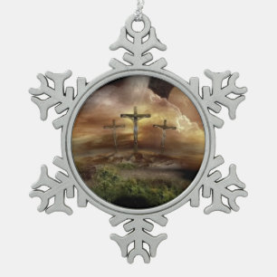 JESUS AUF DEM CROSS SCHNEEFLOCKEN Zinn-Ornament