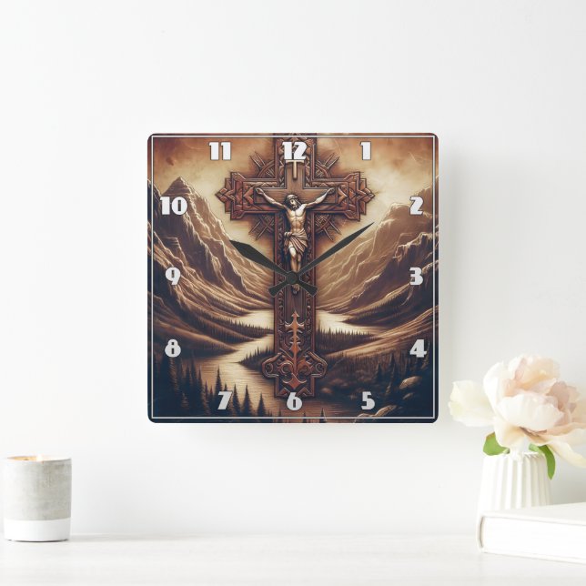 Jesus auf dem Kreuz in der Bergwelt Quadratische Wanduhr (Zuhause)