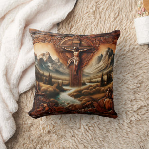 Jesus auf dem Kreuz umgeben von Natur bei Sonnenun Kissen