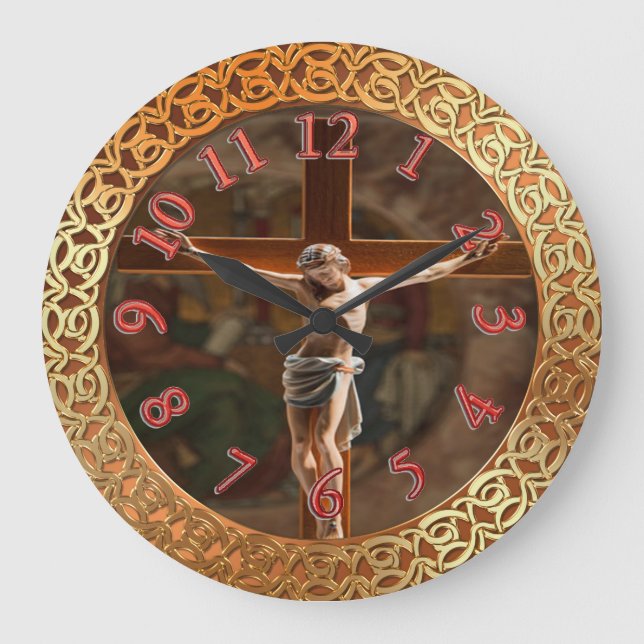 Jesus auf der Kreuzuhr goldene Folientextur Große Wanduhr (Vorderseite)
