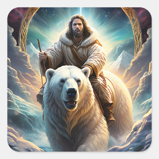 Jesus auf einem Eisbären Quadratischer Aufkleber (Vorderseite)