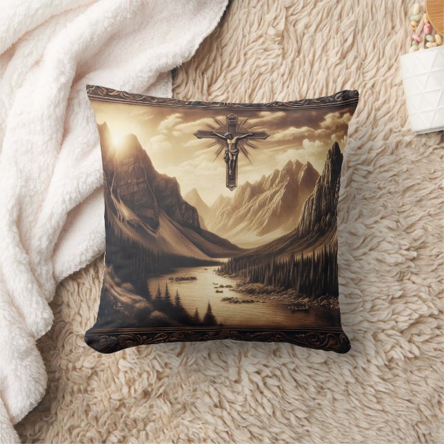 Jesus auf Kreuz mit Bergsicht Kissen (Decke)