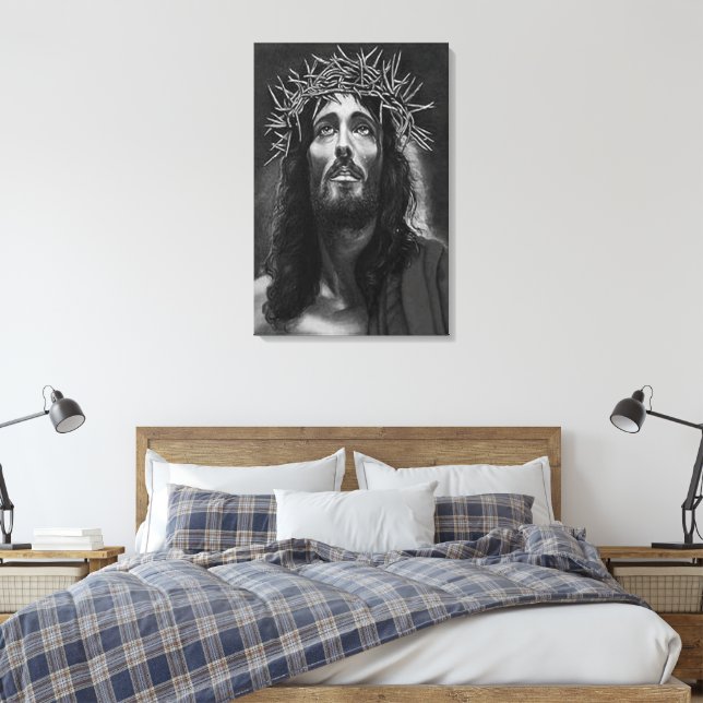 Jesus B&W Wrapped Canvas Leinwanddruck (Insitu (Schlafzimmer))