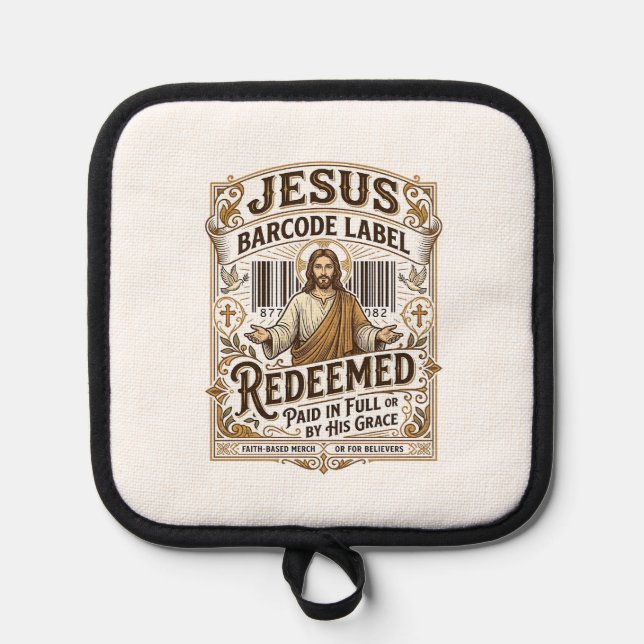 Jesus Barcode Etikett Erlöst Jesus Barcode Erlöst Topflappen (Vorderseite)