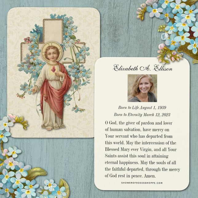 Jesus Beerdigung Gedenkgebet Heilige Karte (Traditional Catholic Sacred Heart of Jesus Floral Funeral Prayer Card)