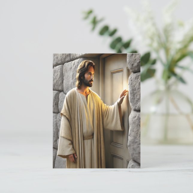 Jesus bei Sonnenaufgang Antike Tür Postkarte (Stehend Vorderseite)