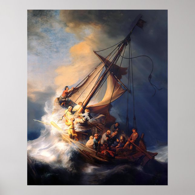 Jesus beruhigt das Sturmmeer von Galiläa Rembrandt Poster (Vorne)