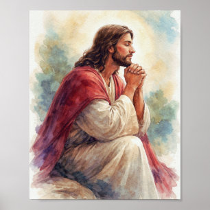 Jesus betend Aquarell-Kunst   Christlicher Glaube Poster