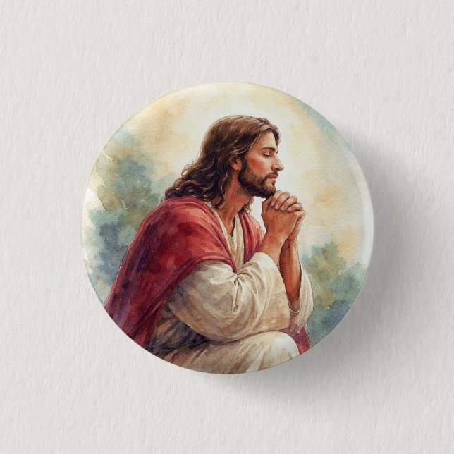 Jesus betend Wasserfarben Kunst | Christlicher Gla Button (Vorderseite)