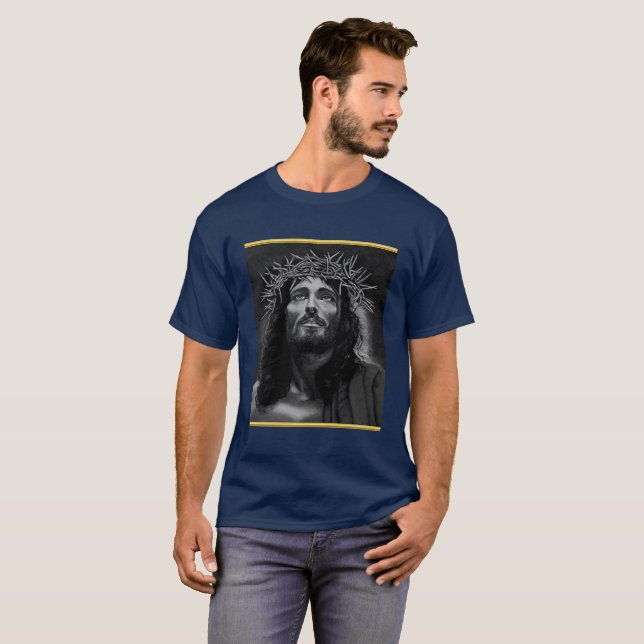 Jesus blickte in den Himmel mit Goldfolie T-Shirt (Vorne ganz)