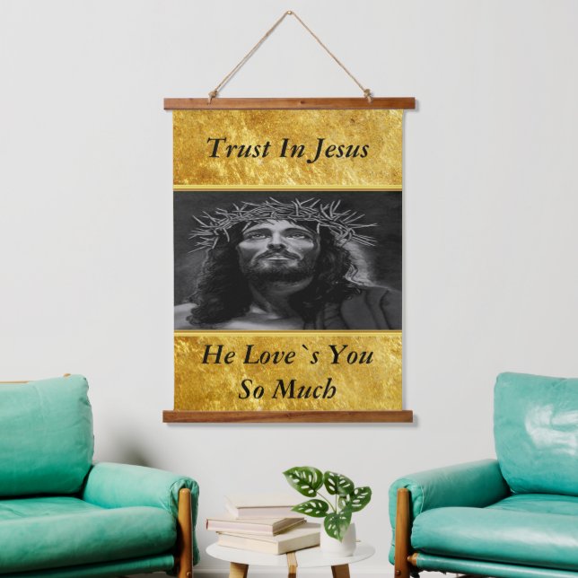 Jesus blickte in den Himmel mit Goldfolie Wandteppich Mit Holzrahmen (Wohnzimmer)