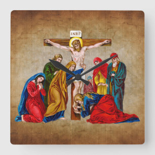 JESUS CHRIST AUF DER CROSS-SCHALTFLÄCHE QUADRATISCHE WANDUHR