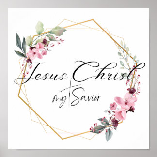 Jésus Christ mon Sauveur Floral Gold Frame Affiche