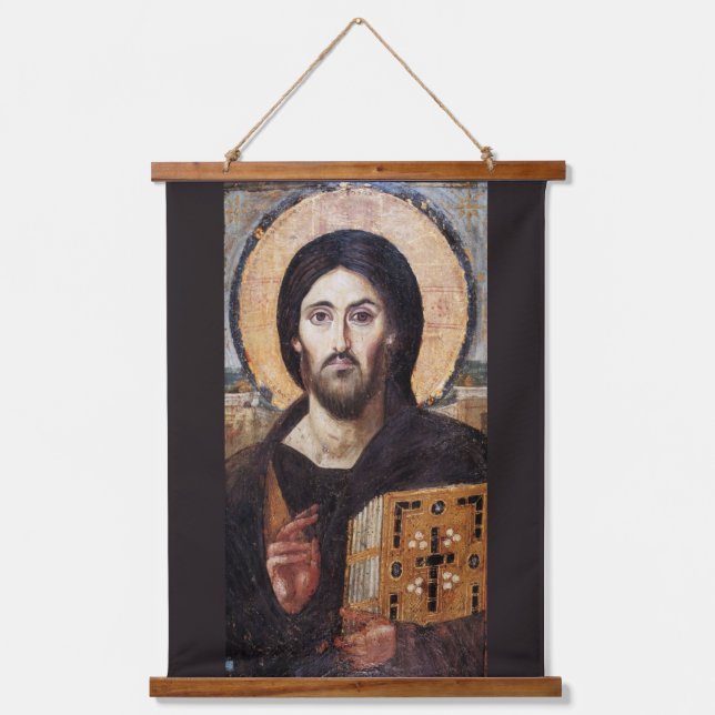 Jesus Christ Pantokrator l Orthodox Christliches S Wandteppich Mit Holzrahmen (Vorderseite)