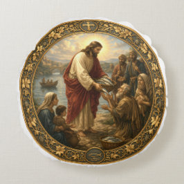 Jesus Christus füttert die Armen mit Fisch Rundes Kissen
