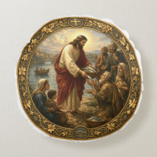 Jesus Christus füttert die Armen mit Fisch Rundes Kissen