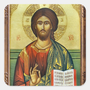 Jesus Christus hält das orthodoxe Evangelium Quadratischer Aufkleber