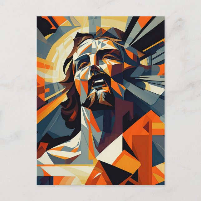 Jesus Christus im orange-schwarzen Kubismus-Stil Postkarte (Vorderseite)