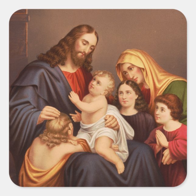 Jesus Christus mit den Kindern Quadratischer Aufkleber (Vorderseite)