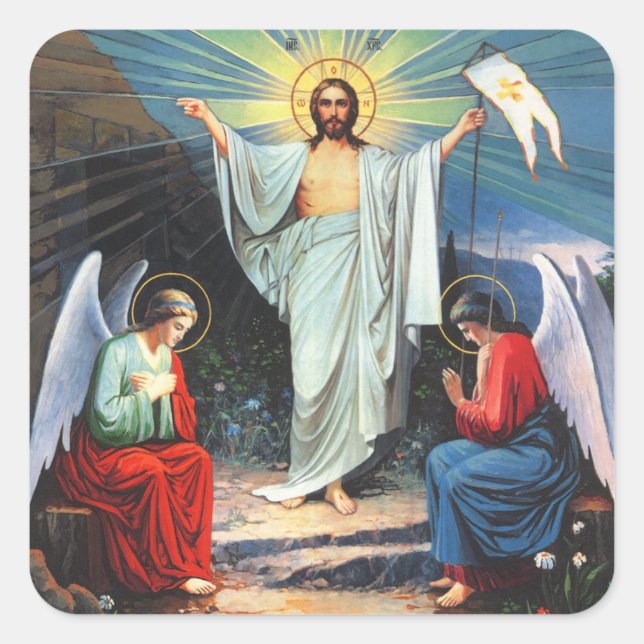 Jesus Christus mit Engeln und seine Auferstehung Quadratischer Aufkleber (Vorderseite)
