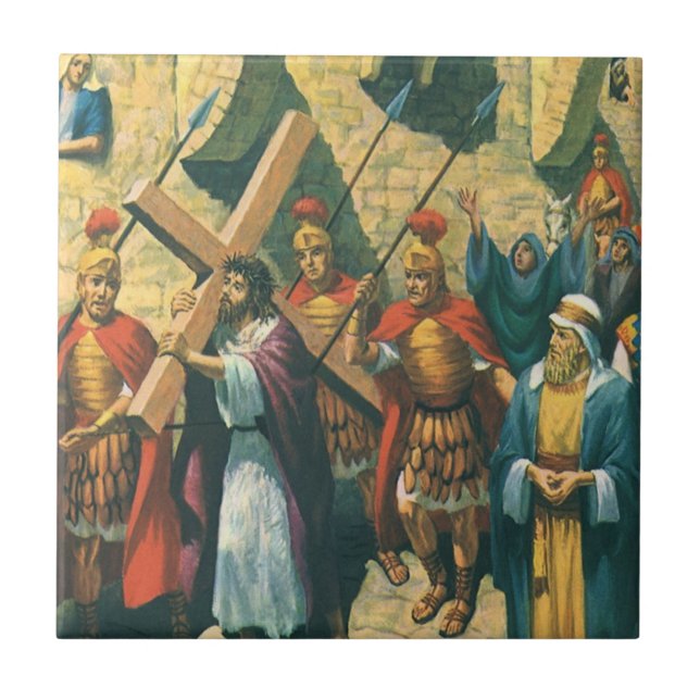 Jesus Christus trägt das Kreuz zu seiner Kreuzigun Fliese (Vorderseite)