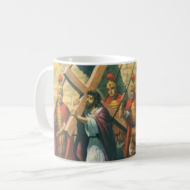 Jesus Christus trägt das Kreuz zu seiner Kreuzigun Kaffeetasse (Vorderseite Links)