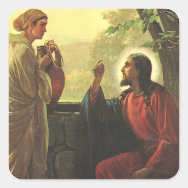 Jesus Christus und der gute Samariter am Brunnen Quadratischer Aufkleber (Vorderseite)