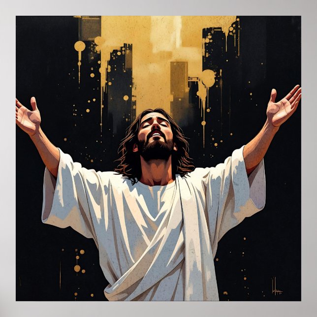Jesus Christus unser Erlöser | Schwarz und Gold Poster (Vorne)