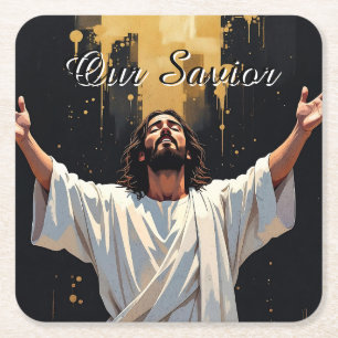 Jesus Christus unser Erlöser Schwarz und Gold Rechteckiger Pappuntersetzer