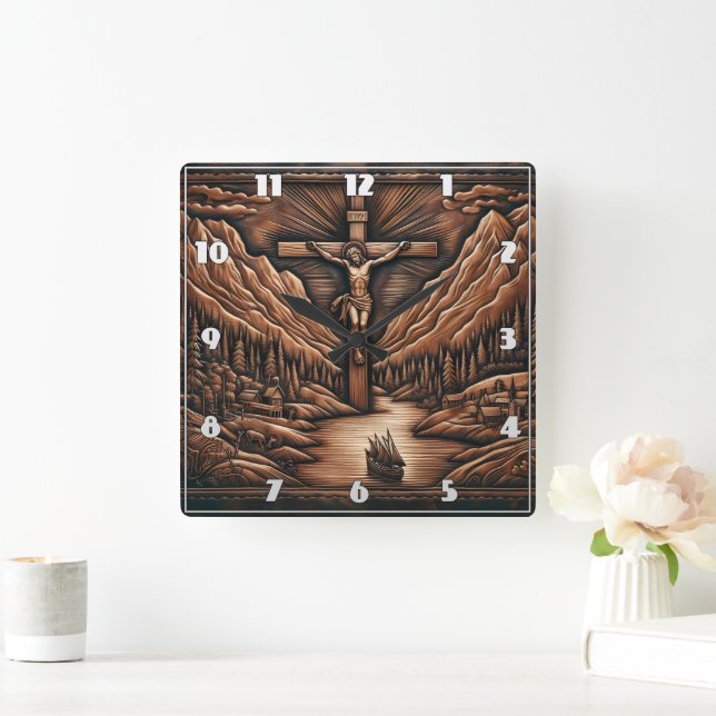 Jesus Crucified Amidst Mountains und Fluss Quadratische Wanduhr (Zuhause)