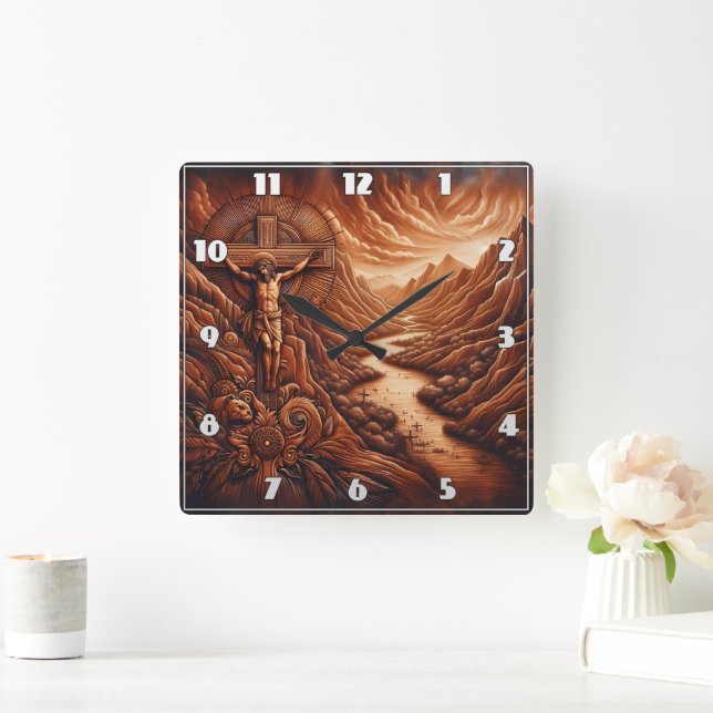 Jesus Crucifixe in der Serengebirgslandschaft Quadratische Wanduhr (Zuhause)