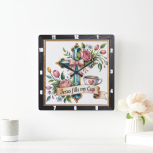 Jesus Cup Blumenkreuz Quadratische Wanduhr