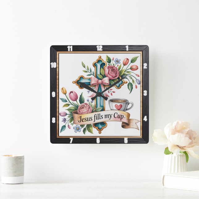 Jesus Cup Blumenkreuz Quadratische Wanduhr (Zuhause)
