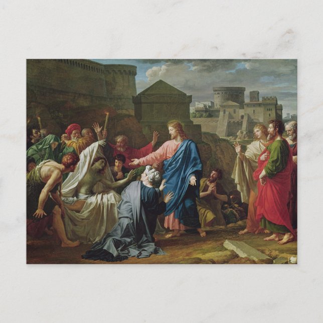 Jesus, der den Sohn der Witwe des Naim auferlegt Postkarte (Vorderseite)