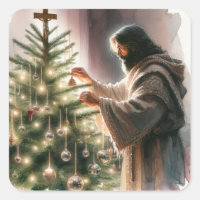 Jesus, der Messias, der Weihnachtsbaum dekoriert