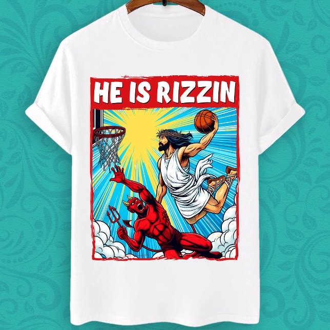 Jesus Dunking auf dem Satan ist er rizzin meme T-Shirt (Von Creator hochgeladen)
