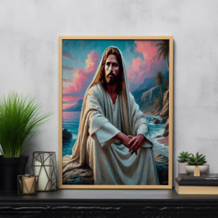 Jesus Erretter an der Küste in ruhiger Reflektion Poster