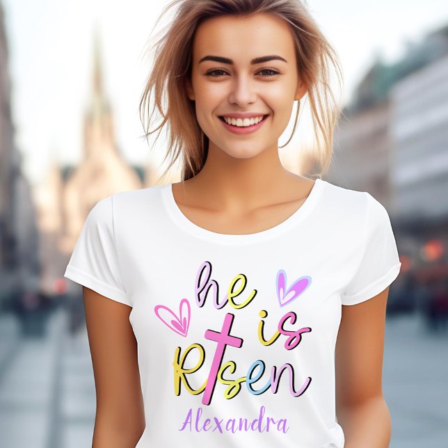 Jesus farbenfrohe Osterfeier Er ist Riser Name der T-Shirt (Jesus Colorful Cross Easter He Is Risen Women Name T-Shirt)