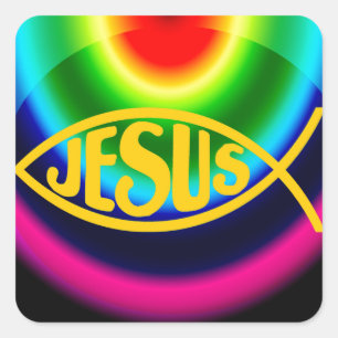 JESUS FISH ICHTHYS CHRIST RAINBOW QUADRATISCHER AUFKLEBER