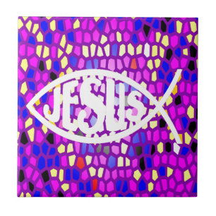 JESUS FISH ICHTHYS STAINED GLASS FENSTER LILA FLIESE