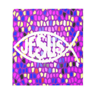 JESUS FISH ICHTHYS STAINED GLASS FENSTER LILA NOTIZBLOCK