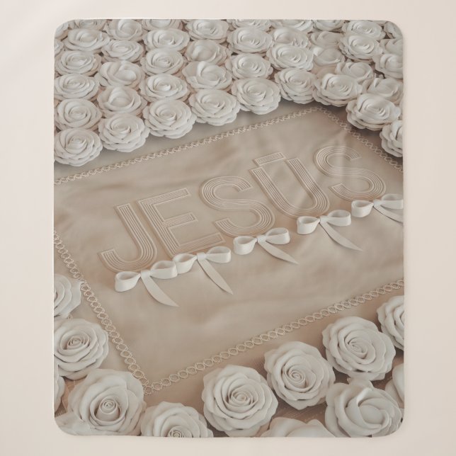 JESÚS Fleece & Sherpa Blanket - White Roses & Sherpadecke (Vorderseite)