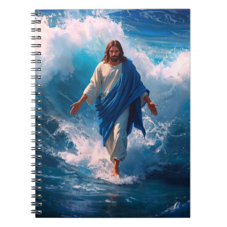 Jesus geht auf Wassernotizbüchern gesäumte Seiten Notizblock