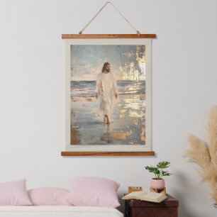 Jesus geht in weißer Kleidung ins Wasser Wandteppich Mit Holzrahmen