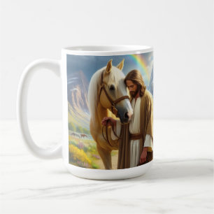 Jesus geht mit einem Pferd unter einem Regenbogen Kaffeetasse