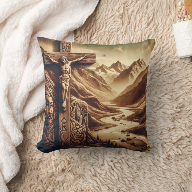 Jesus gekreuzigt in der Berglandschaft Kissen (Decke)