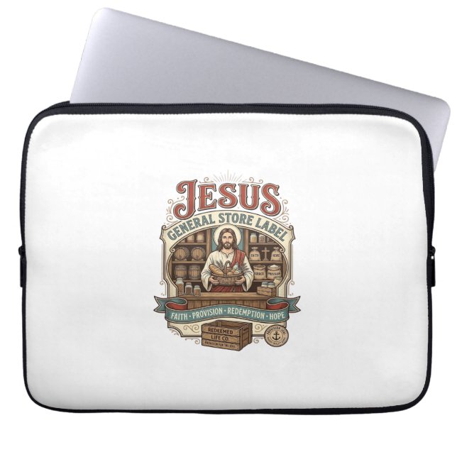 Jesus Gemischtwarenladen Label Jesus Gemischtwaren Laptopschutzhülle (Vorderseite)